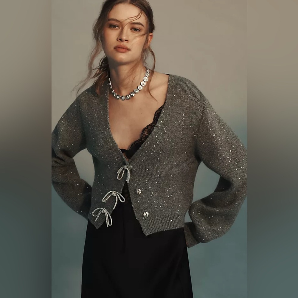Anthropologie Maeve Shiny Bow Cardigan Sweater, NWPT